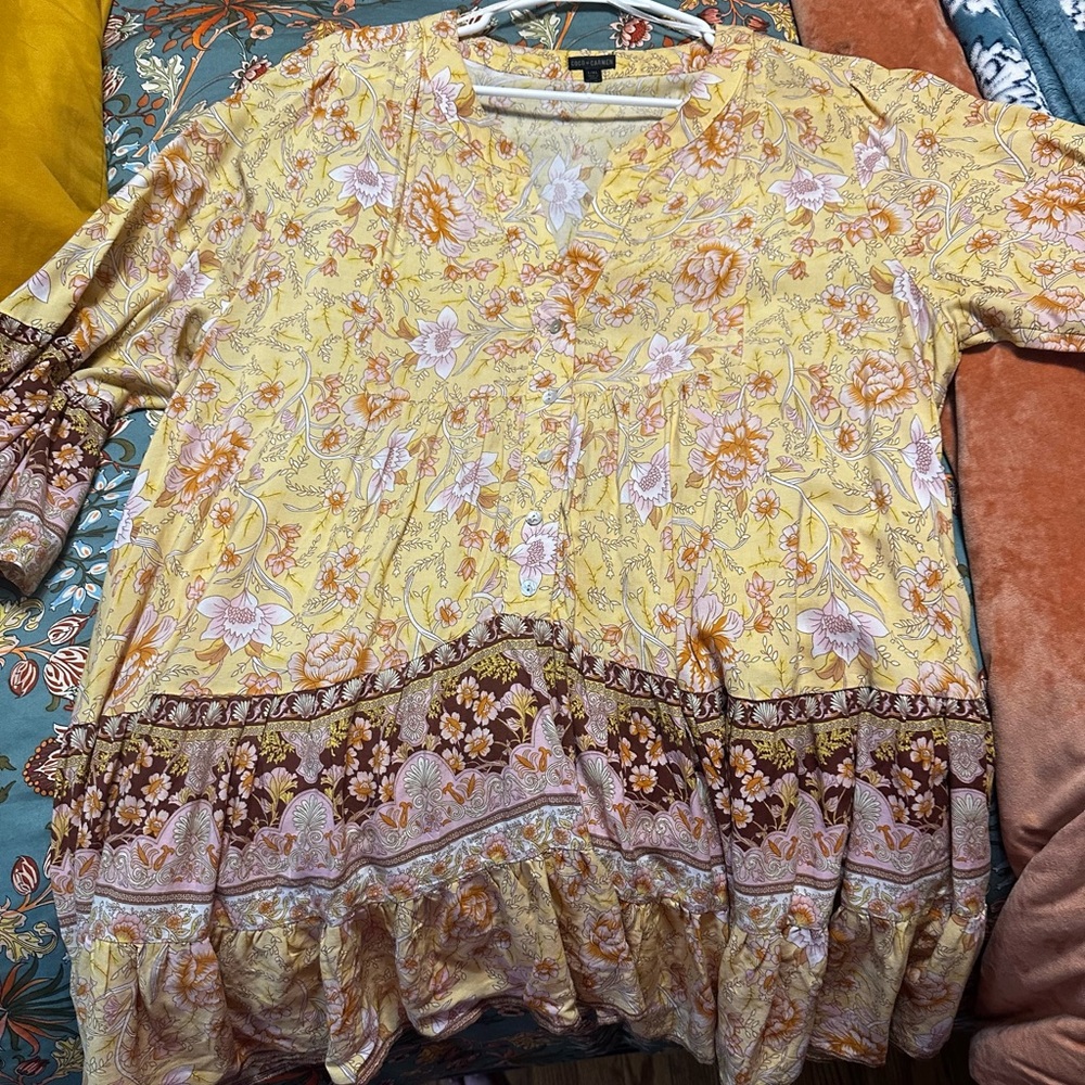 Coco + Carmen Yellow Floral Mini Dress with Brown Border Trim
